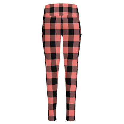 Coral Pink And Black Buffalo Check Print High-Waisted Pocket Leggings