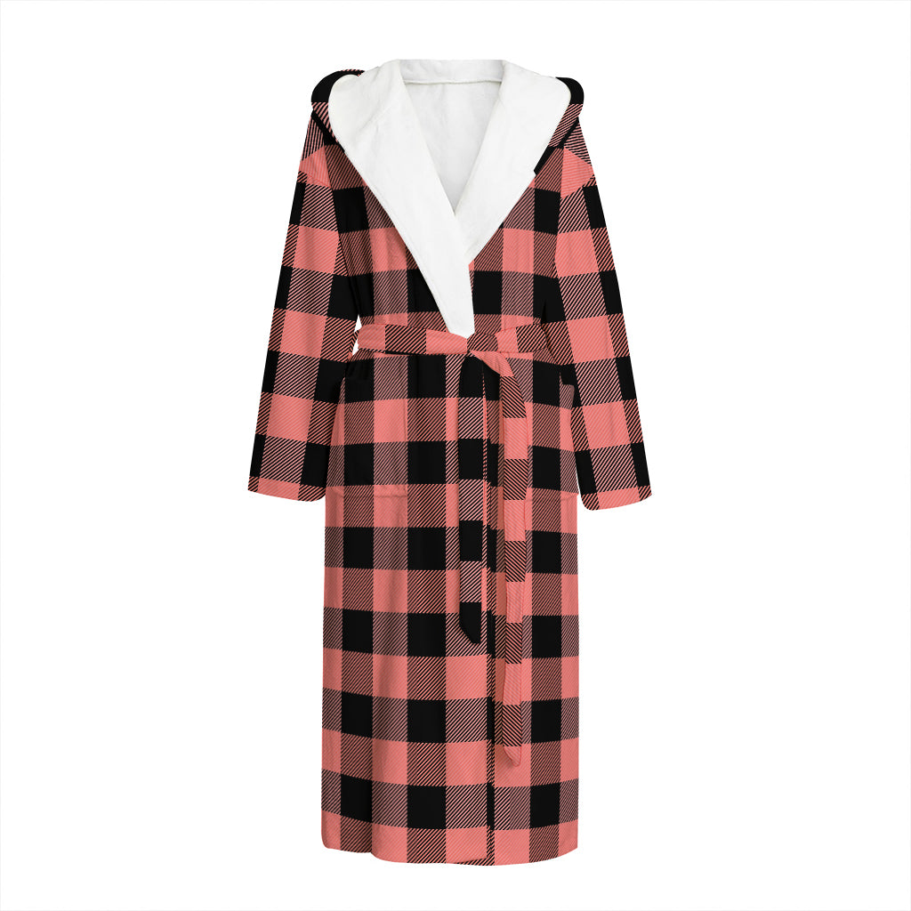 Coral Pink And Black Buffalo Check Print Hooded Bathrobe