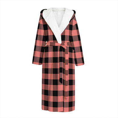 Coral Pink And Black Buffalo Check Print Hooded Bathrobe