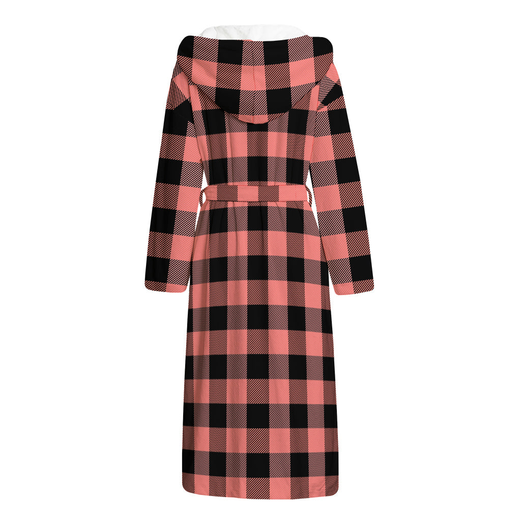 Coral Pink And Black Buffalo Check Print Hooded Bathrobe