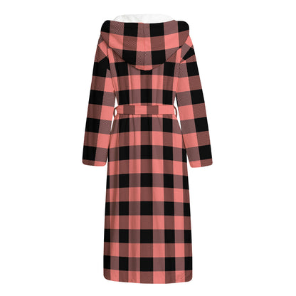 Coral Pink And Black Buffalo Check Print Hooded Bathrobe