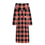 Coral Pink And Black Buffalo Check Print Hooded Bathrobe