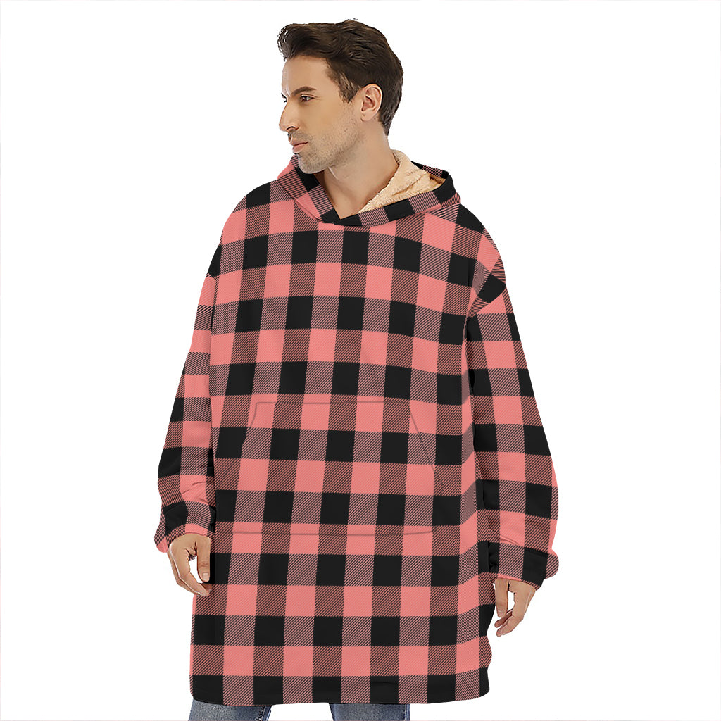 Coral Pink And Black Buffalo Check Print Hoodie Blanket