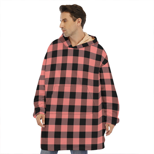 Coral Pink And Black Buffalo Check Print Hoodie Blanket