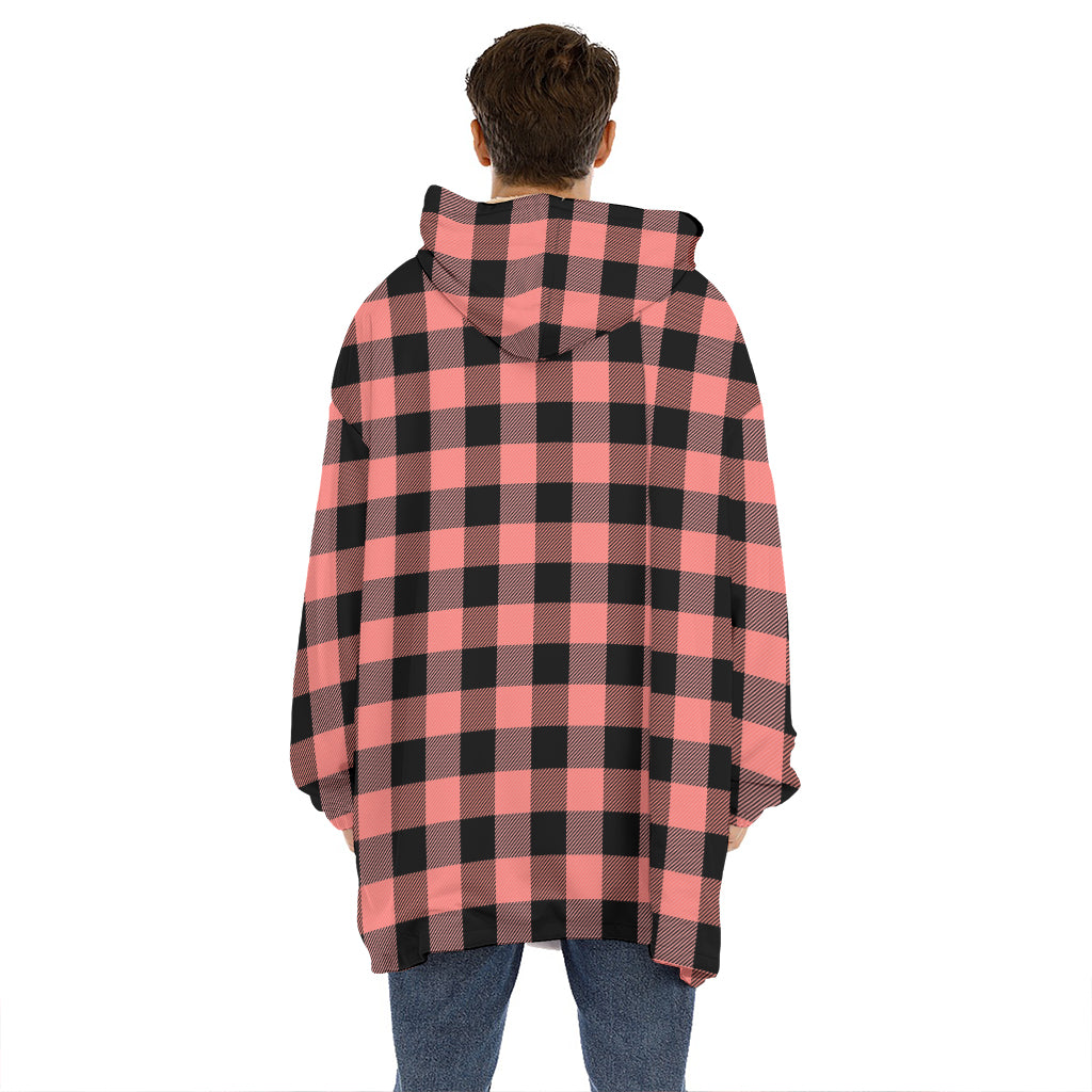 Coral Pink And Black Buffalo Check Print Hoodie Blanket