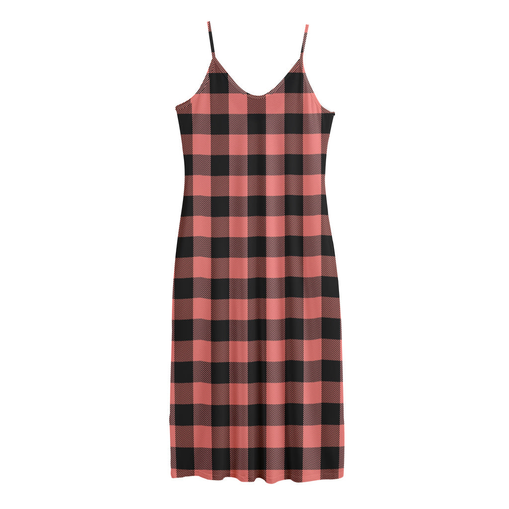 Coral Pink And Black Buffalo Check Print Jersey Midi Cami Dress