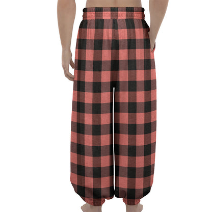 Coral Pink And Black Buffalo Check Print Lantern Pants