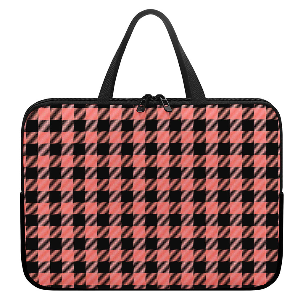 Coral Pink And Black Buffalo Check Print Laptop Sleeve With Handle