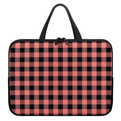 Coral Pink And Black Buffalo Check Print Laptop Sleeve With Handle