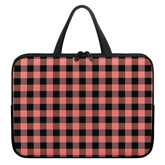 Coral Pink And Black Buffalo Check Print Laptop Sleeve With Handle
