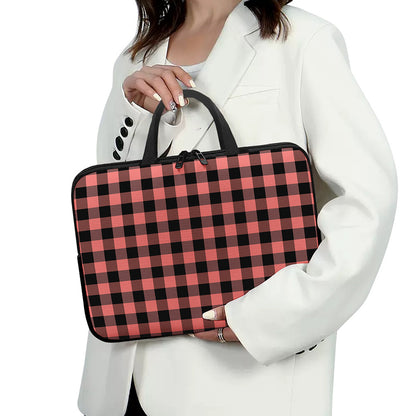 Coral Pink And Black Buffalo Check Print Laptop Sleeve With Handle
