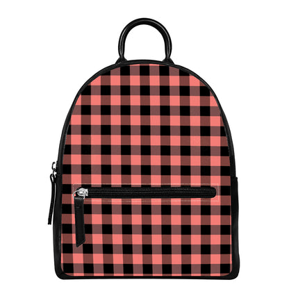 Coral Pink And Black Buffalo Check Print Leather Backpack