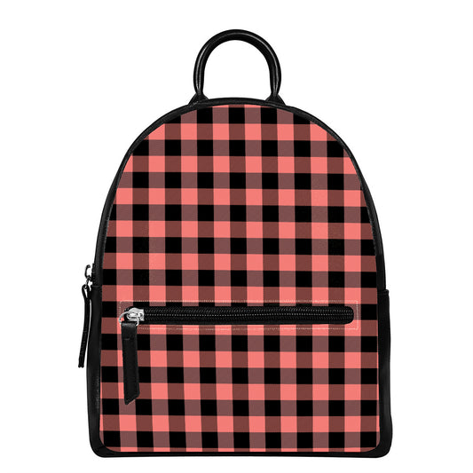 Coral Pink And Black Buffalo Check Print Leather Backpack