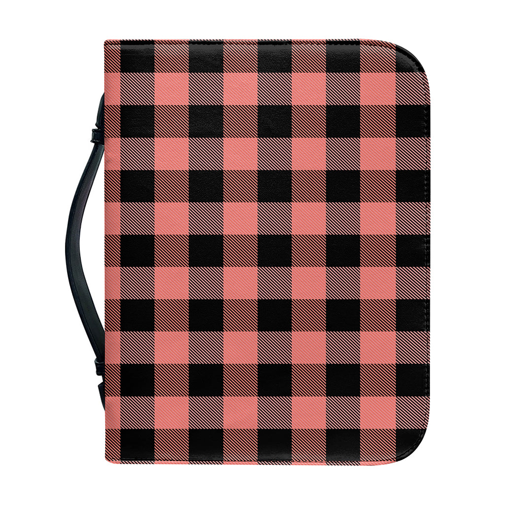 Coral Pink And Black Buffalo Check Print Leather Bible Cover