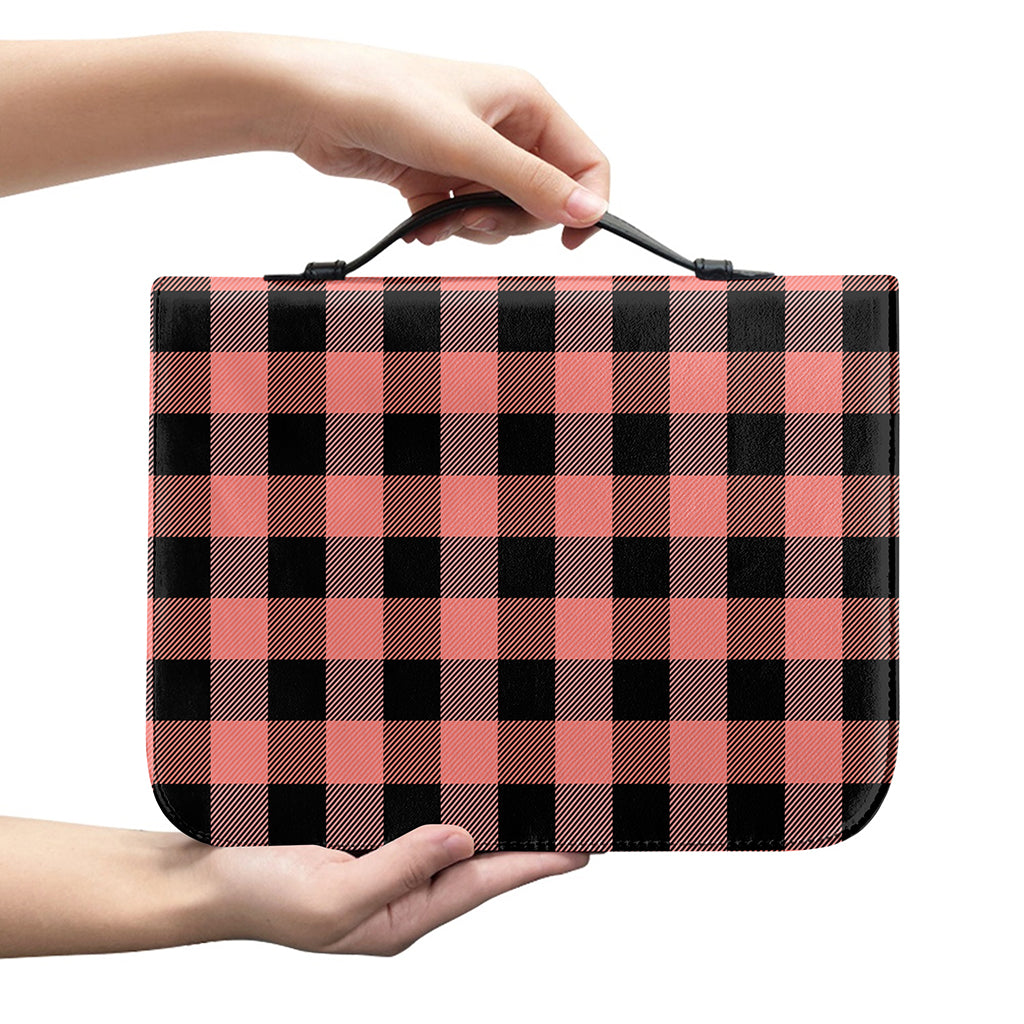 Coral Pink And Black Buffalo Check Print Leather Bible Cover