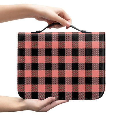 Coral Pink And Black Buffalo Check Print Leather Bible Cover