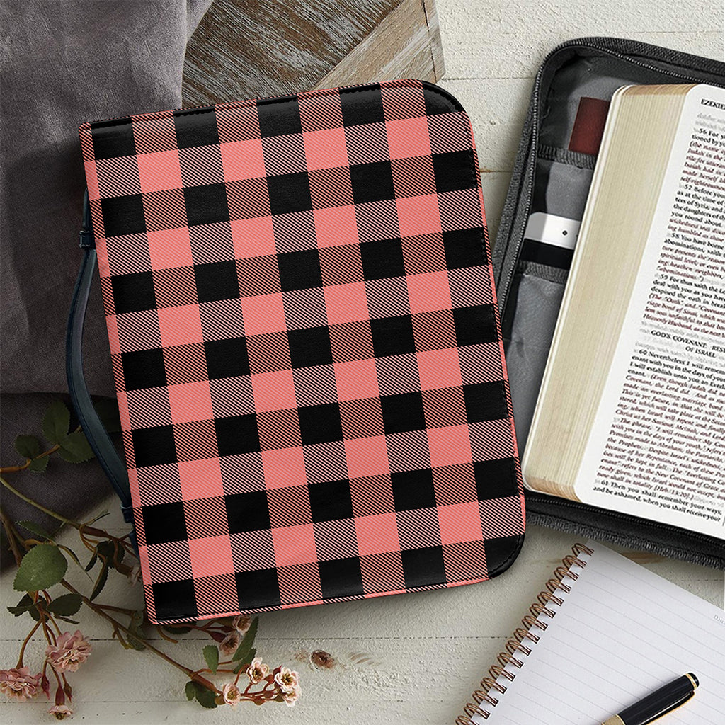 Coral Pink And Black Buffalo Check Print Leather Bible Cover