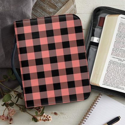 Coral Pink And Black Buffalo Check Print Leather Bible Cover