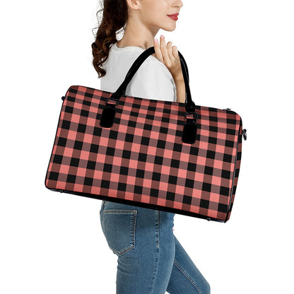 Coral Pink And Black Buffalo Check Print Leather Duffle Bag