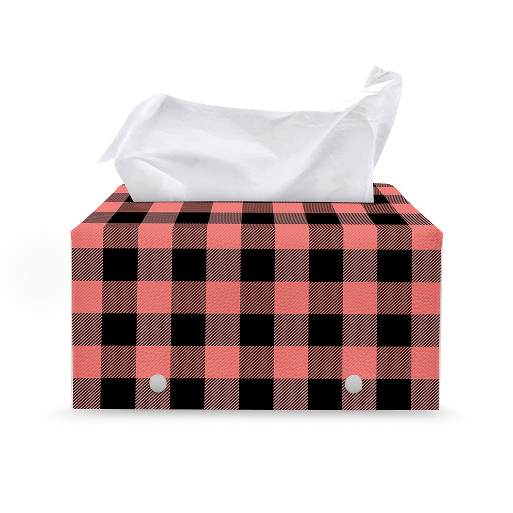 Coral Pink And Black Buffalo Check Print Leather Tissue Box Cover