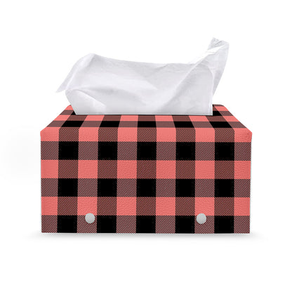 Coral Pink And Black Buffalo Check Print Leather Tissue Box Cover