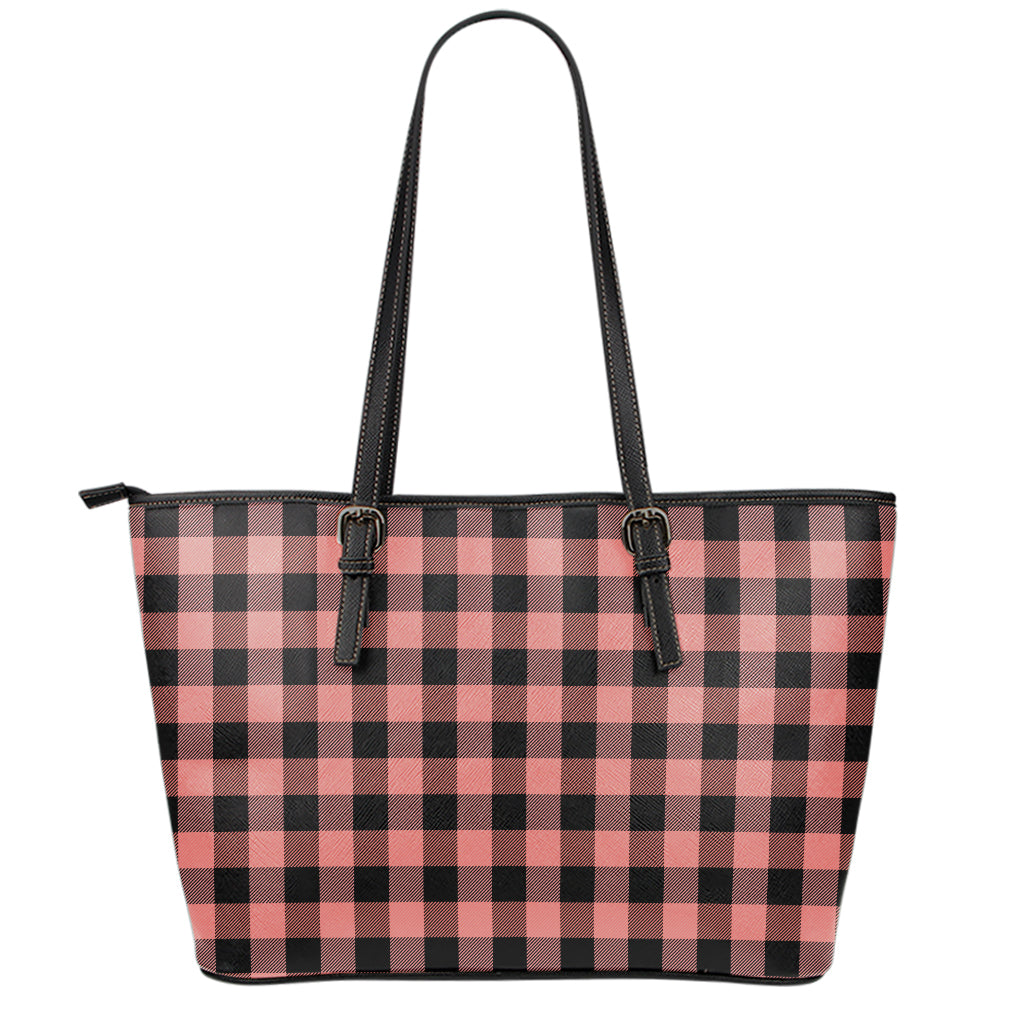 Coral Pink And Black Buffalo Check Print Leather Tote Bag