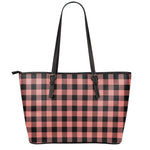 Coral Pink And Black Buffalo Check Print Leather Tote Bag