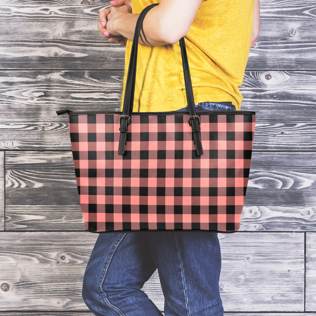 Coral Pink And Black Buffalo Check Print Leather Tote Bag