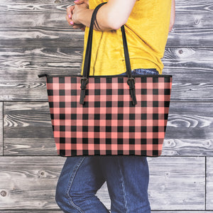 Coral Pink And Black Buffalo Check Print Leather Tote Bag