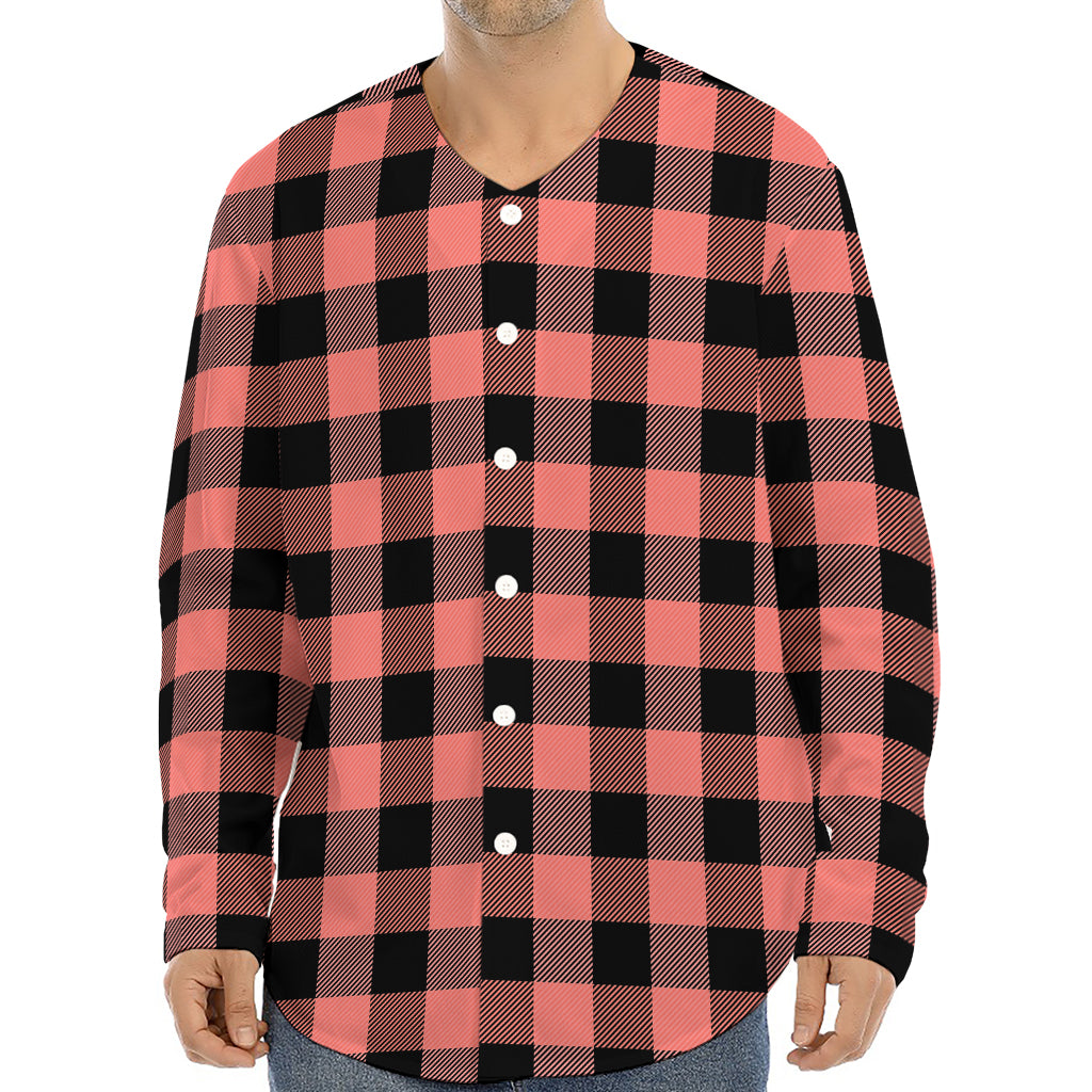 Coral Pink And Black Buffalo Check Print Long Sleeve Baseball Jersey