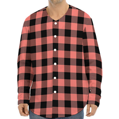 Coral Pink And Black Buffalo Check Print Long Sleeve Baseball Jersey