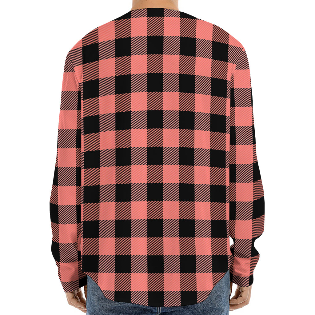 Coral Pink And Black Buffalo Check Print Long Sleeve Baseball Jersey