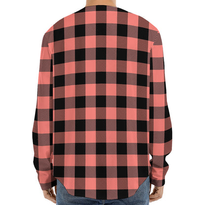 Coral Pink And Black Buffalo Check Print Long Sleeve Baseball Jersey