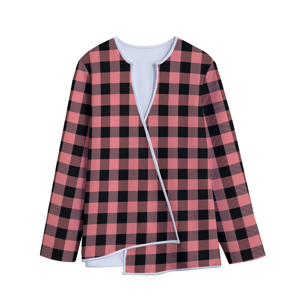 Coral Pink And Black Buffalo Check Print Long Sleeve Short Coat