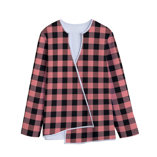 Coral Pink And Black Buffalo Check Print Long Sleeve Short Coat