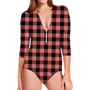 Coral Pink And Black Buffalo Check Print Long Sleeve Swimsuit