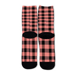 Coral Pink And Black Buffalo Check Print Long Socks