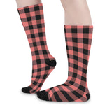 Coral Pink And Black Buffalo Check Print Long Socks