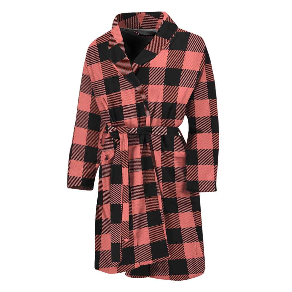 Coral Pink And Black Buffalo Check Print Men's Bathrobe