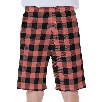 Coral Pink And Black Buffalo Check Print Men's Beach Shorts