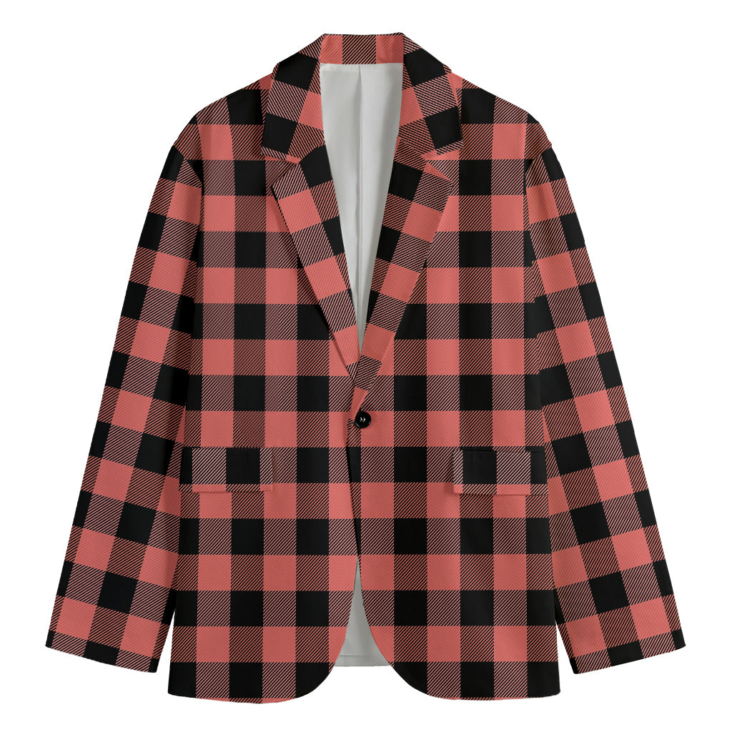 Coral Pink And Black Buffalo Check Print Men's Blazer