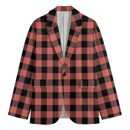 Coral Pink And Black Buffalo Check Print Men's Blazer
