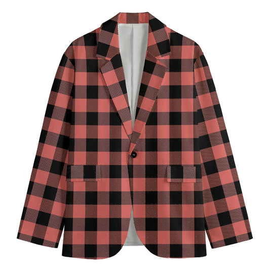 Coral Pink And Black Buffalo Check Print Men's Blazer