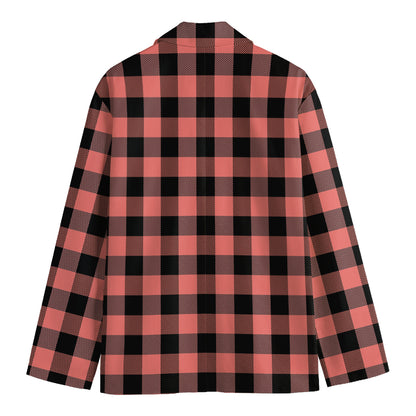Coral Pink And Black Buffalo Check Print Men's Blazer