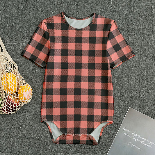Coral Pink And Black Buffalo Check Print Men's Bodysuit