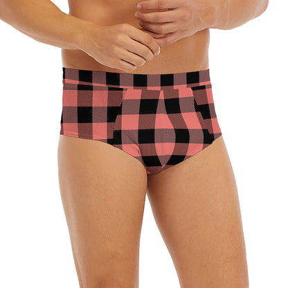 Coral Pink And Black Buffalo Check Print Men's Briefs