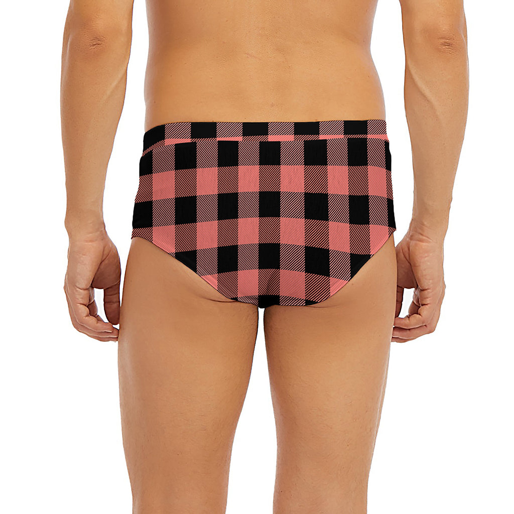 Coral Pink And Black Buffalo Check Print Men's Briefs