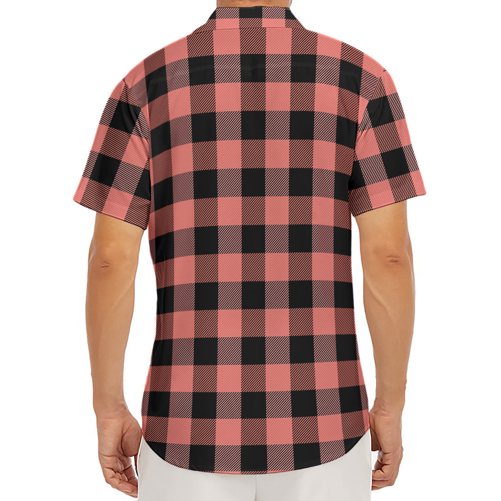 Coral Pink And Black Buffalo Check Print Men's Deep V-Neck Shirt