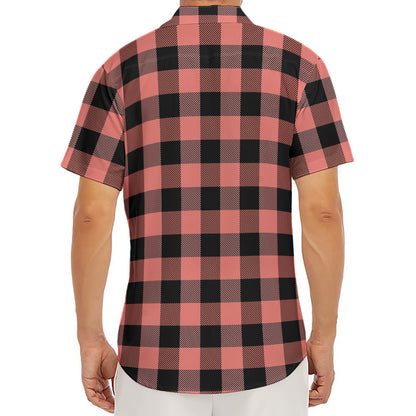 Coral Pink And Black Buffalo Check Print Men's Deep V-Neck Shirt