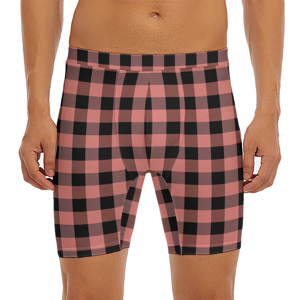 Coral Pink And Black Buffalo Check Print Men's Long Boxer Briefs